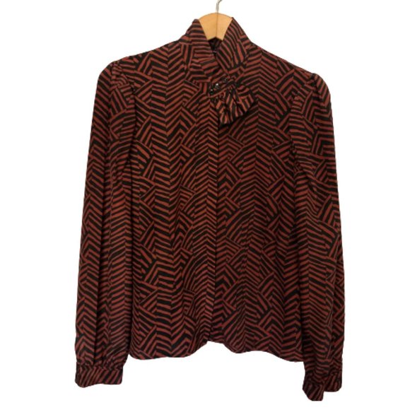 Vtg Geometric Puff Sleeve Ruffle Tab Patterned Top - Picture 10 of 15